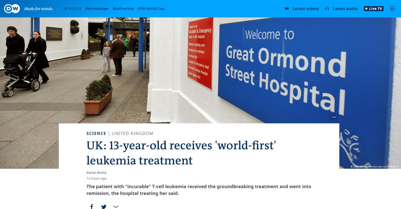 영국 런던의 한 병원에서 치료가 어려운 소아 백혈병 환자를 새로운 유전자 가위 치료법을 통해 관해상태에 이르게 해 의료계의 화제가 되고 있다는 소식을 전한 영국 'the Guardian'과 독일의 'DW'. 