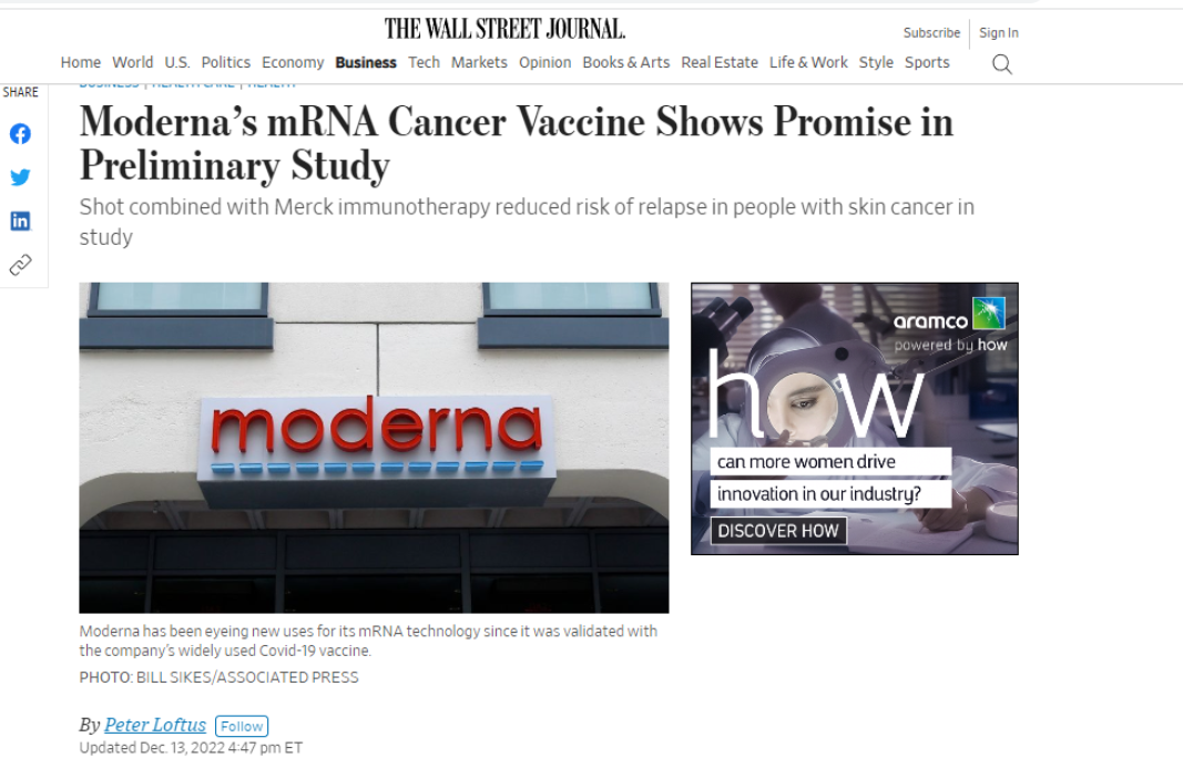모더나가 mRNA 백신으로 암의 재발과 사망률을 낮추는 데 성공했다고 보도한 WSJ.
