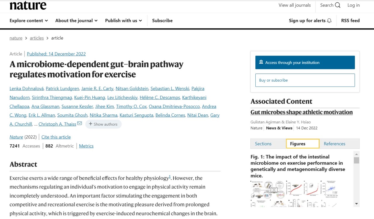 생쥐 실험을 통해 장내 미생물군을 조정하면 운동 욕구를 더 많이 생기게 할 수 있다는 연구결과가 실린 'Nature'.