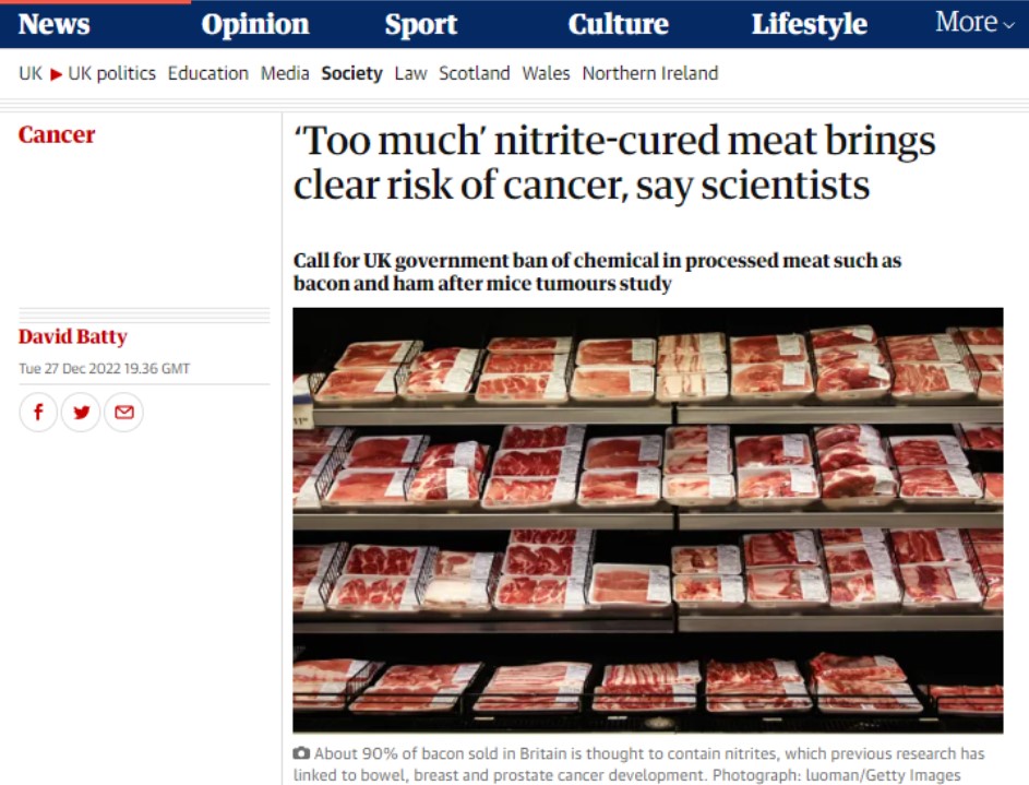 가공육에 사용되는 아질산염이 대장암을 일으킬 수 있다는 연구결과가 발표된 'Nature'와 그 사실을 보도한 영국 일간지 'the Guardian'.