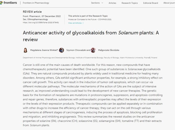 식물 속 글리코알칼로이드에서 암세포를 공격하는 치료제 가능성을 발견한 연구가 실린 'Frontiers in Pharmacology'.