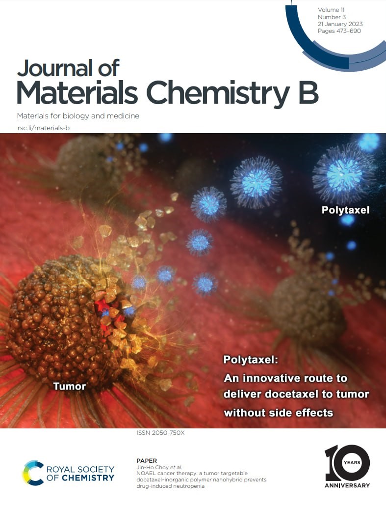세계적인 명성의 영국 왕립화학회가 펴내는 국제저널 'Journal of Materials Chemistry B'에 현대바이오 항암제 후보물질 폴리탁셀 연구가 표지논문으로 실렸다.