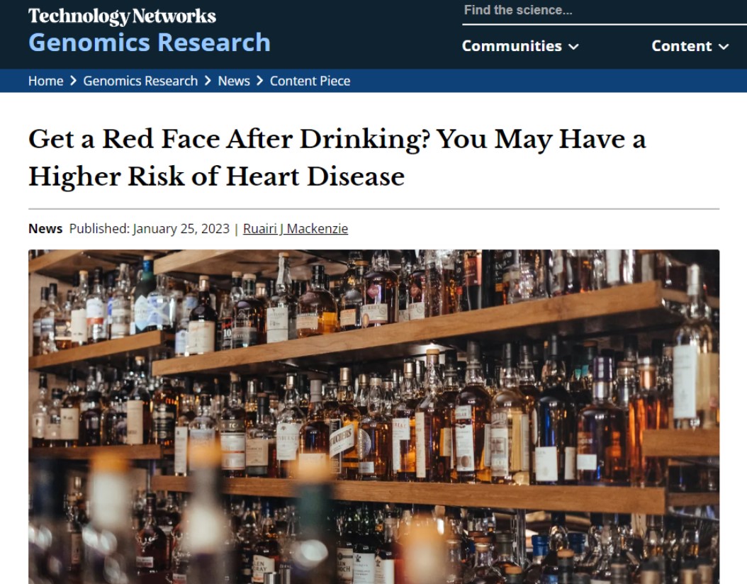 알코올 분해효소의 유전적 변이로 효소가 작용을 못하게 되면 심장질환 위험이 커진다는 연구결과가 실린 'Nature Translational Medicine'과 이를 소개한 'Genomic Research'.