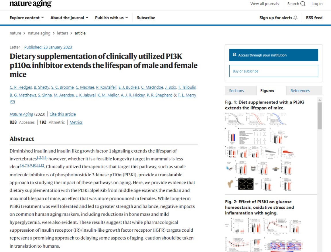 특정한 암 치료제가 일반적 인식과 달리 활력이 넘치게 하고 생명연장에 기여한다는 연구결과가 실린 'nature aging'.