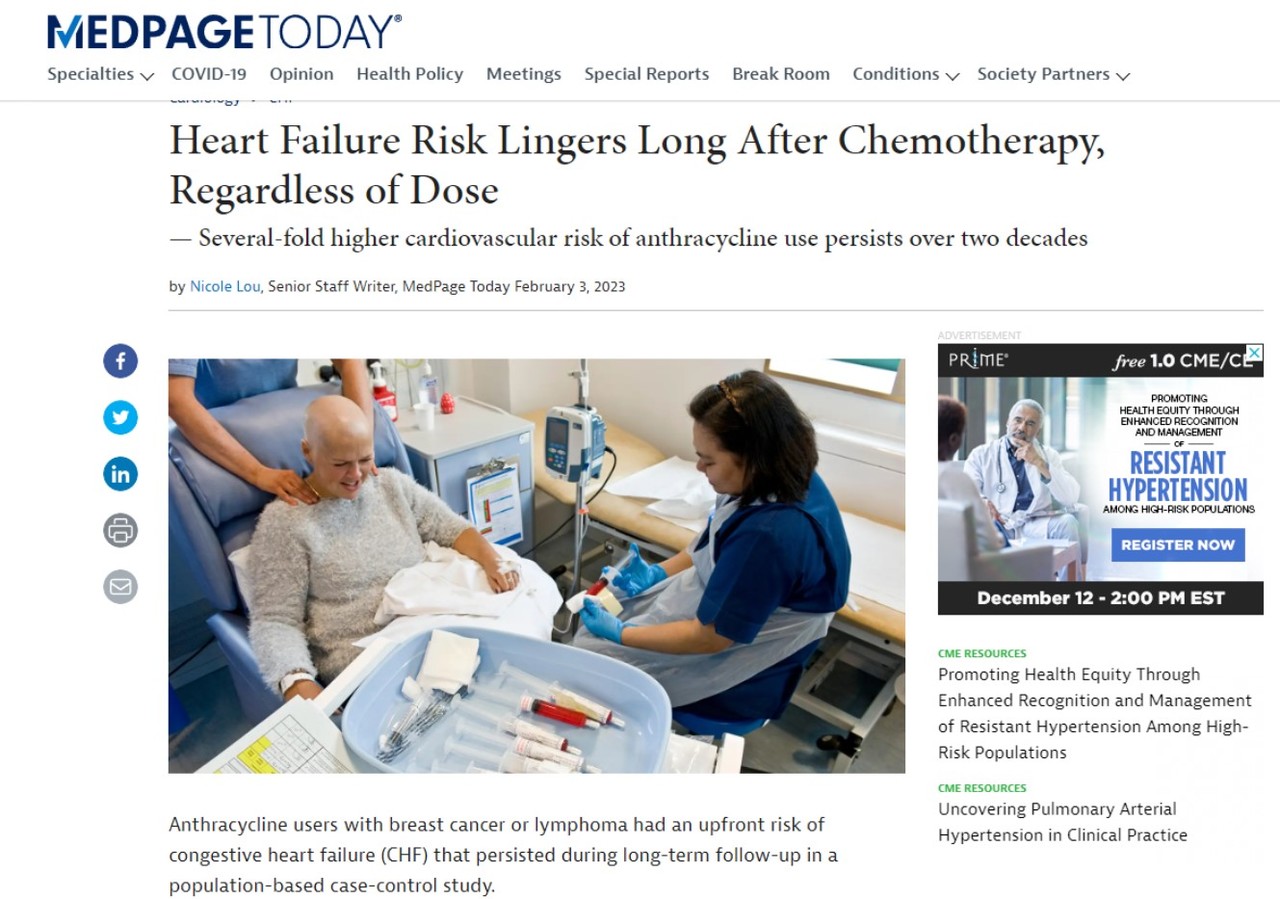 안트라사이클린 계열의 항암제를 썼더니 유방암이나 임파선암 환자의 경우 심부전 위험이 현저히 높았다는 연구결과가 실린 'JAMA Network Open'과 이를 소개한 'Medpage Today'.