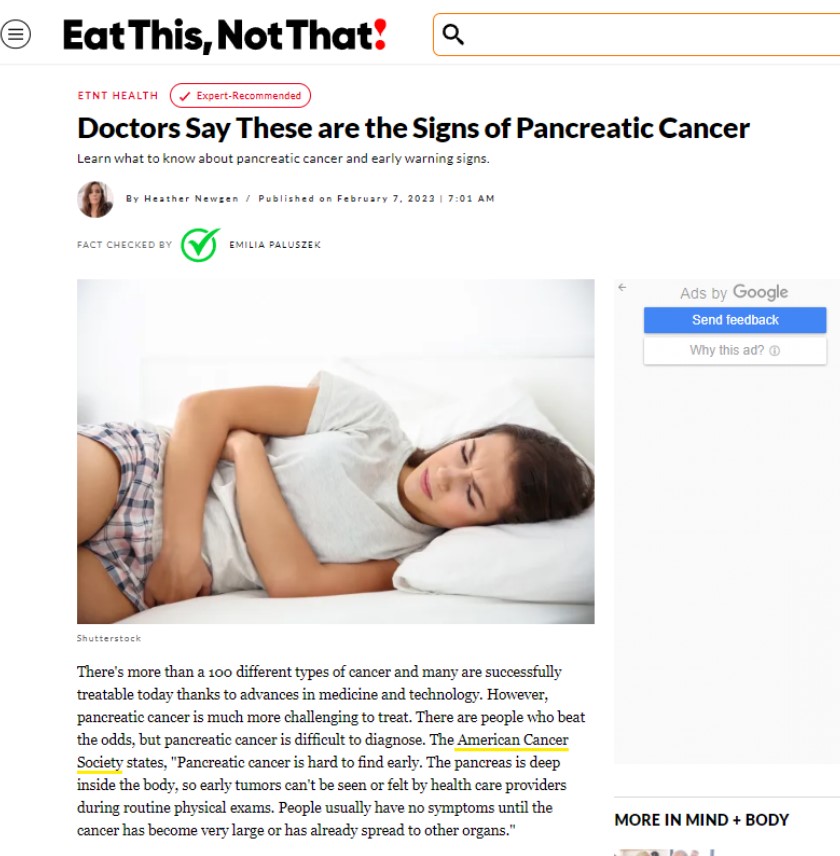 췌장암의 조기 증상과 진단법 등을 소개한 미국의 건강매체 'Eat This Not That'.