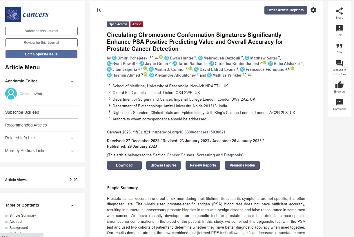 전립선암 진단과 관련, 기존의 PSA에 비해 정확도가 뛰어난 검사 방법을 찾는데 성공했다는 연구결과가 실린 'Cancers'.