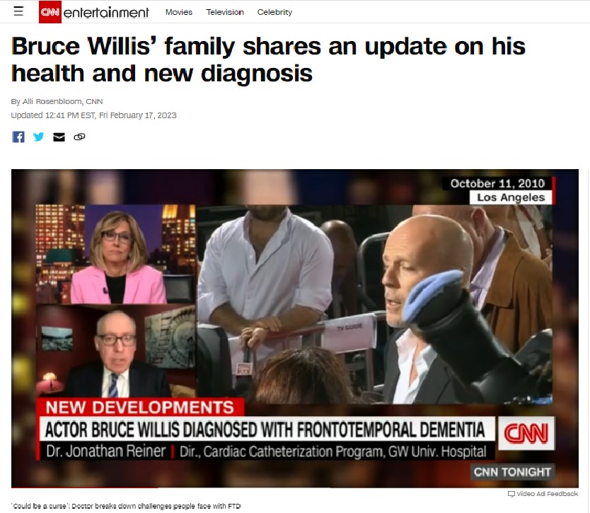 브루스 윌리스의 건강상태를 전하고 있는 미국 방송 CNN.