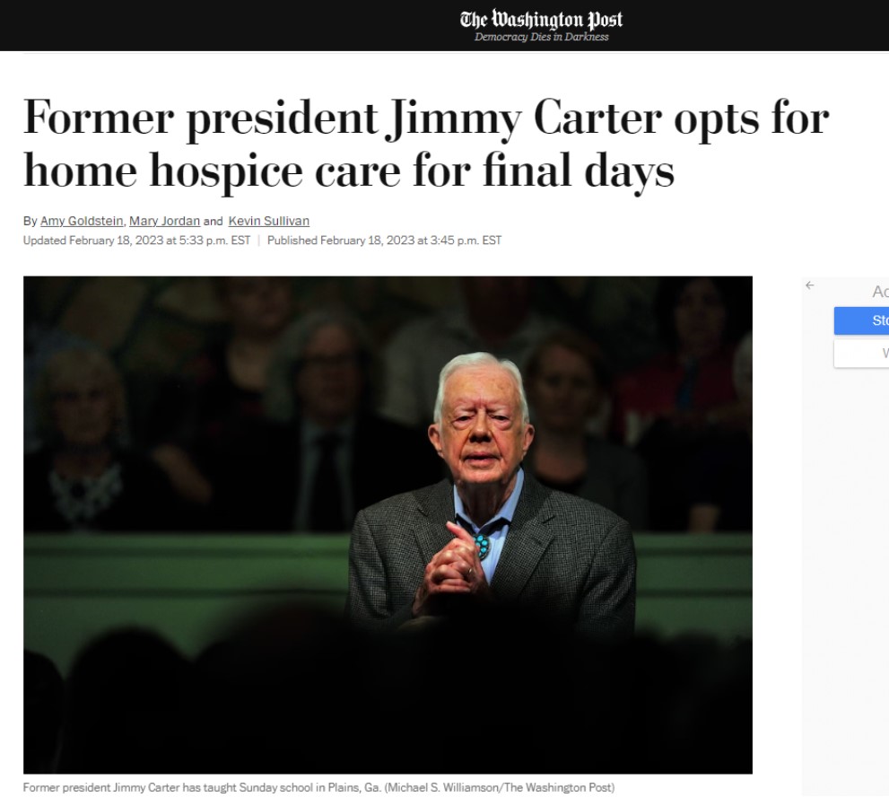 흑색종을 앓고 있는 지미 카터 전 미국대통령이 병원 항암치료를 중단하고 집에서 호스피스 의료를 통해 삶의 마지막 순간을 보내기로 결정했다고 보도한 'Washington Post'.