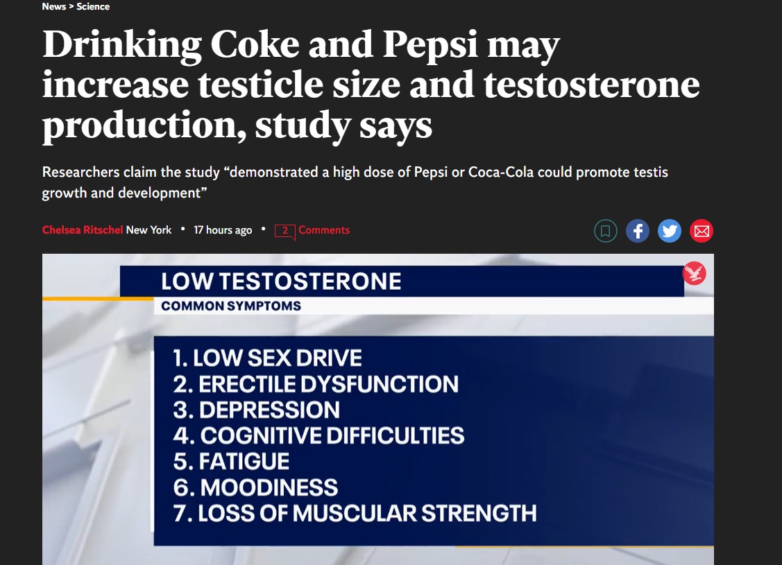 생쥐 실험을 통해 콜라를 섭취하면 남성 생식능력이 커진다는 연구결과를 게재한 'Acta Endocrinologica'와 이 연구결과를 보도한 'Independent'.