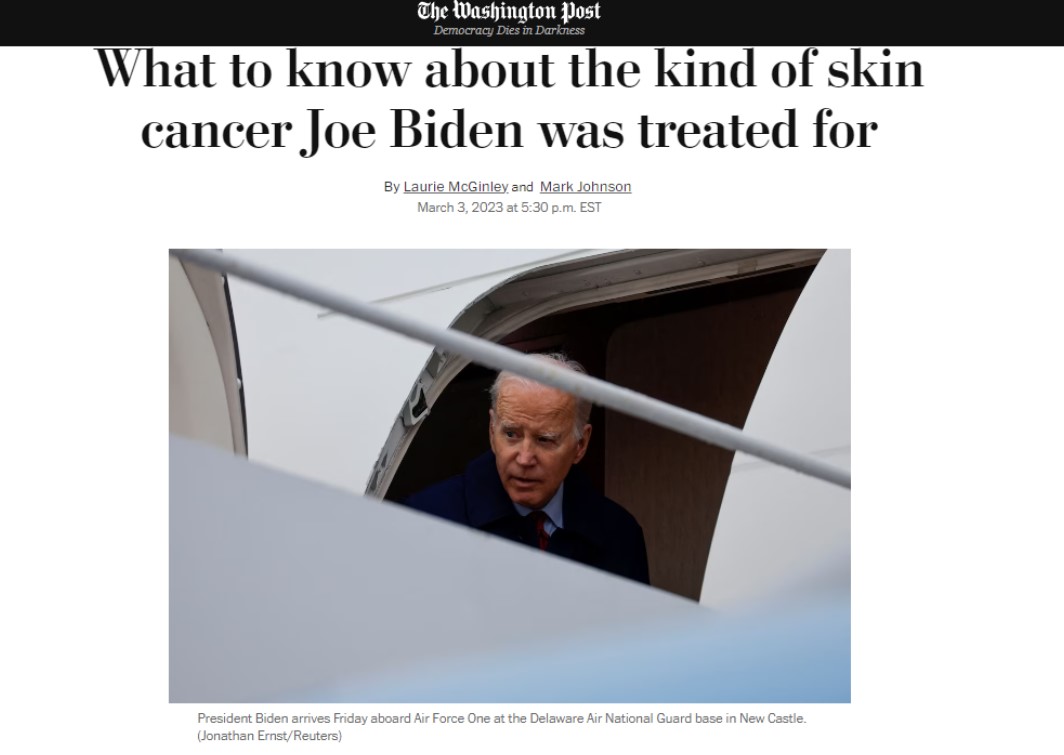 조 바이든 미국 대통령의 암세포 제거 소식을 전하고 있는 워싱턴포스트.