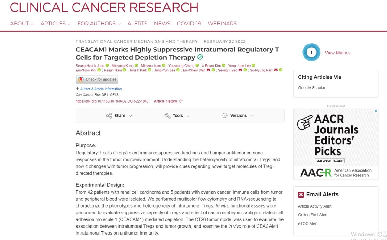 암세포 안에서 발현해 면역항암제의 효과를 떨어뜨리는 표적단백질이 발견돼 면역항암제의 치료 효과를 높일 수 있는 길이 열렸다는 연구를 실은 'Clinical Cancer Research'.