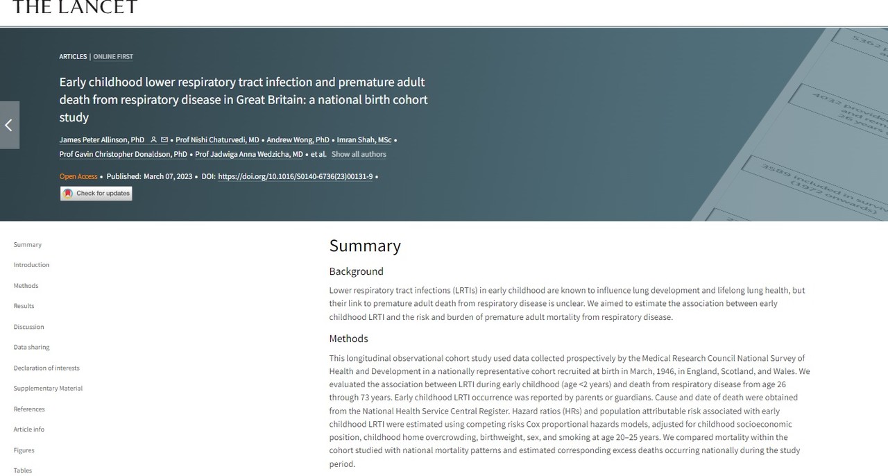 아주 어린 시절 폐렴 등 호흡기 질병에 걸리면 성인이 된 뒤 호흡기 질환으로 숨질 가능성이 커진다는 연구 결과가 실린 'The Lancet'.