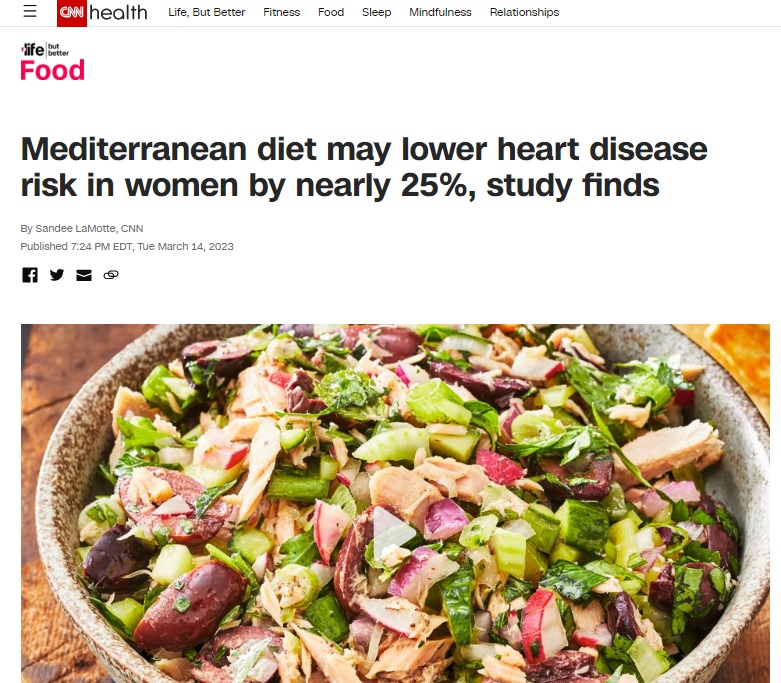 호주의 한 연구팀이 지중해식 식단이 여성 건강에 미치는 영향을 밝혀냈다는 연구결과를 보도한 CNN.