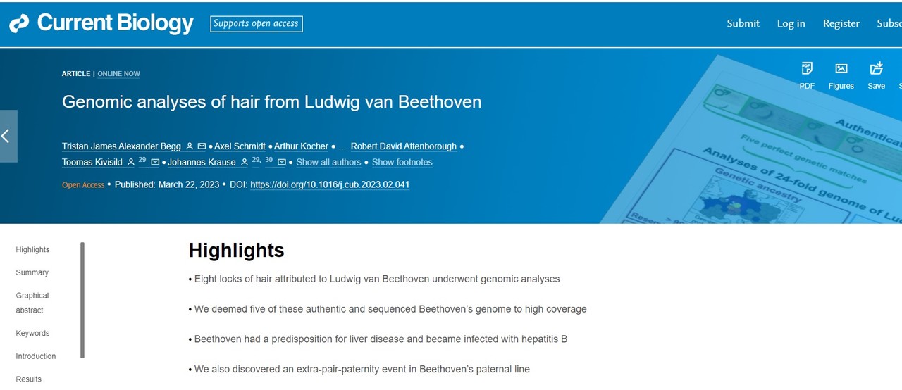 베토벤의 머리카락 유전자 검사를 통해 간 질환이 그의 사인이었음을 밝힌 연구결과가 실린 'Current Biology'.