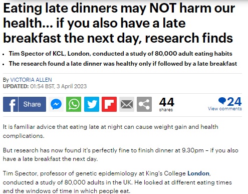 저녁을 늦게 먹어도 아침식사도 늦게 먹는다면, 건강에 큰 문제가 없다는 연구결과를 보도한 'Daiily Mail'.