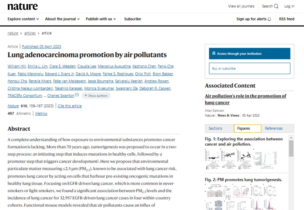 대기오염에 노출되면 초미세먼지로 인한 유전자 변이가 결국 폐암 발병률을 높이는 과정을 규명한 연구가 실린 'Nature'.