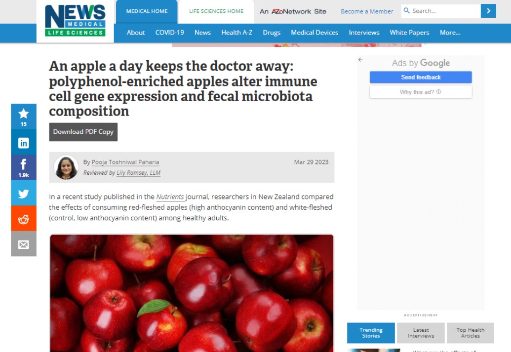 빨간 사과에 더 많은 영양성분이 있어 장내미생물환경이 좋아진다는 연구결과를 소개한 건강매체 'News Medical'.