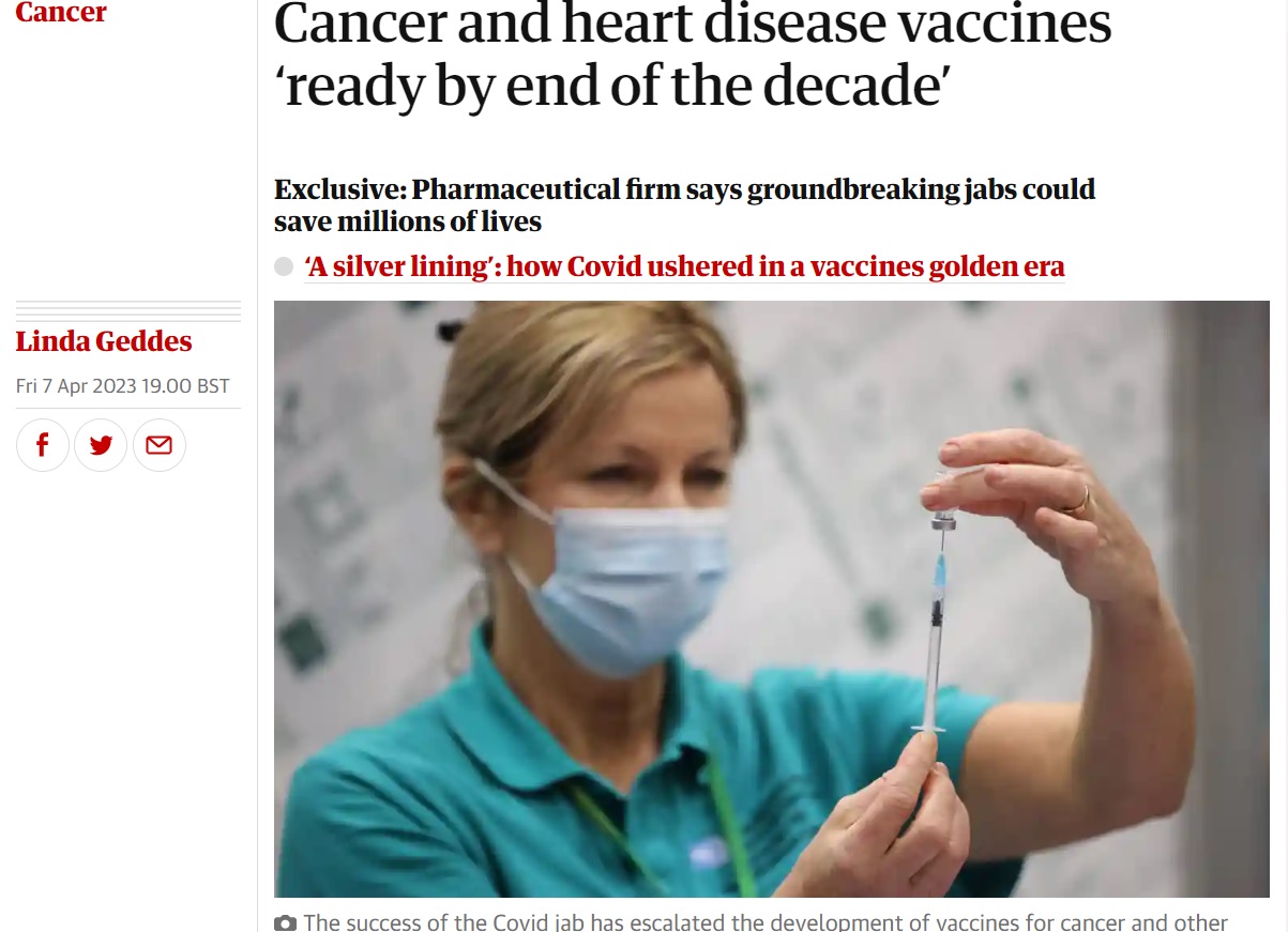 모더나가 mRNA 기반의 암 백신을 2030년까지 개발할 것이라고 보도한 'the Guardian'.