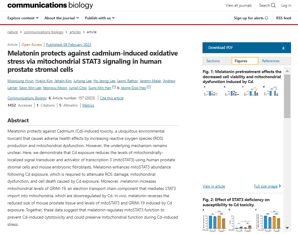 미세먼지 속 카드뮴이 인체에 해를 끼치는 과정을 규명하고 멜라토닌으로 상태를 개선할 수 있다는 연구결과가 발표된 'communications Biology'.