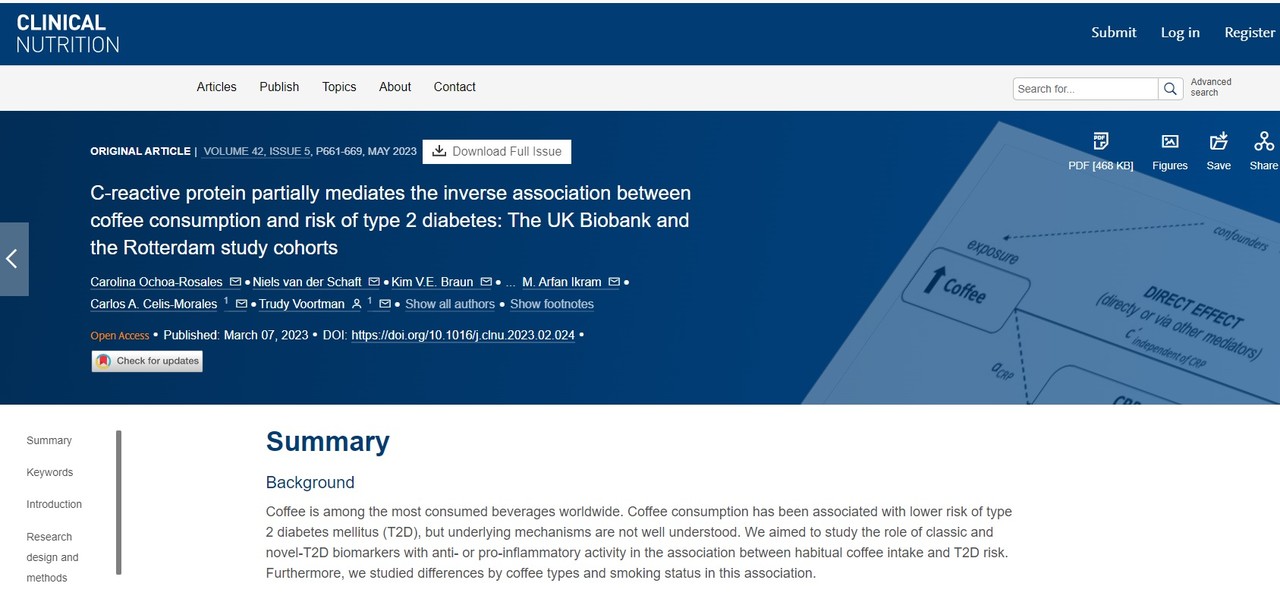 커피와 2형 당뇨병의 관계를 추적 연구해, 커피를 마시면 당뇨병 위험이 줄어든다는 연구결과가 실린 'Clinical Nutrition'.