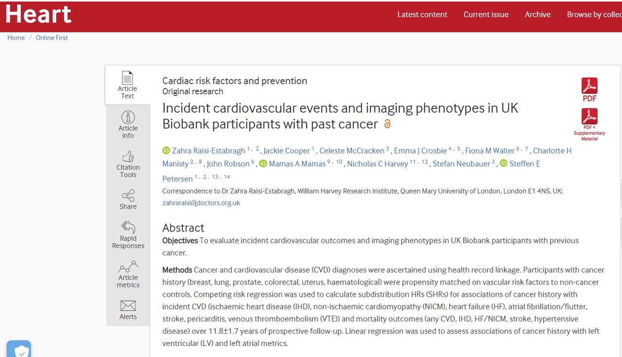암 경험자들이 나중에 심혈관 질환의 위험에 더 많이 노출된다는 연구결과가 발표된 'Heart'.