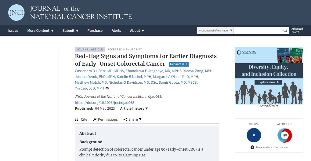 복통과 직장 출혈 등의 증세가 있으면 대장암에 걸릴 위험이 크게 높아진다는 연구결과가 실린 'Journal of the National Cancer Institute'.