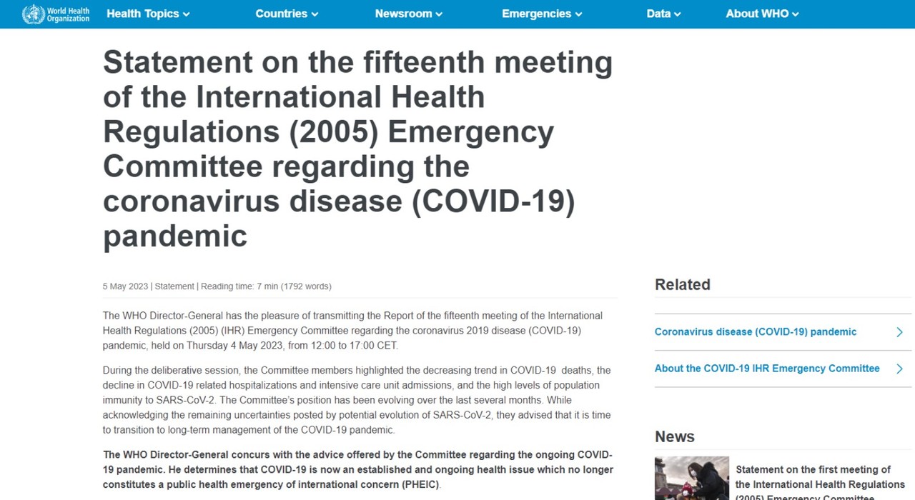 WHO가 코로나19 관련 사망자나 중환자 발생이 안정적으로 감소하고 있다는 점을 설명하면서 비상사태를 해제한다고 밝히고 있다. 