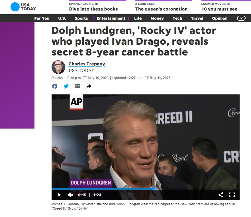 액션스타 돌프 룬드그렌이 8년째 암 투병 하고 있다는 소식을 보도한 USA Today.