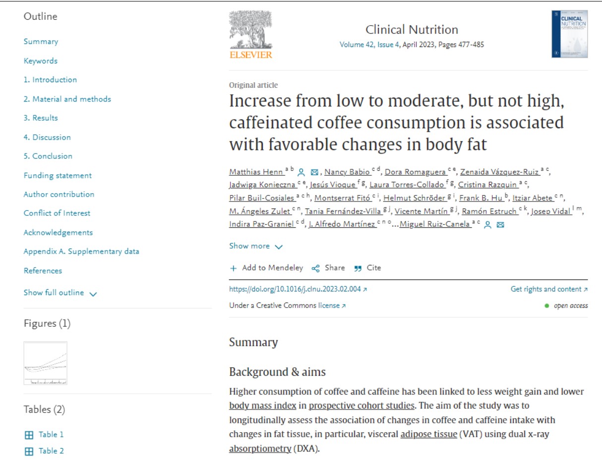 커피 속의 카페인이 대사증후군 환자의 뱃살을 줄여 수명연장 효과가 있다는 연구결과가 실린 'Clinical Nutrition'.