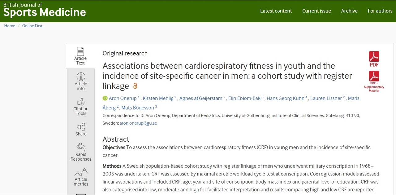 젊었을 때 달리기, 자전거타기 등 유산소운동을 많이 해 심폐체력이 좋으면 식도암, 위암 등 9종류 암에 덜 걸린다는 연구결과를 실은 'British Journal of Sports Medicine'.