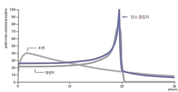일반 방사선치료에 쓰이는 X선은 치료 내내 일정한 수준의 방사선을 방출하기 때문에 방사선이 암세포에 도달하기 전에 정상조직에 손상을 입히고 막상 암세포에는 상대적으로 덜 타격을 입힌다. 반면 중입자와 양성자는 브래그 피크 덕분에 암세포에 도달하는 시점에 에너지를 방출할 수 있다. /세브란스홈페이지
