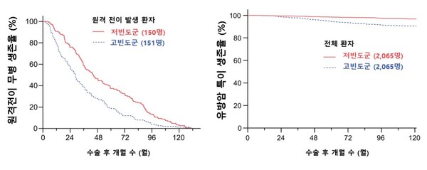유방암 원격전이검사를 자주 받은 환자와 적게 받은 환자의 생존율 차이를 비교한 그래픽./서울대병원 제공