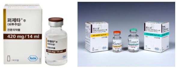 한국로슈 12월 1일부터 HER2 양성 유방암 치료제 퍼제타(성분명 퍼투주맙, 왼쪽)와 페스코(성분명 트라스트주맙/퍼투주맙)의 선행화학요법(수술 전 보조요법) 건강보험급여 투여 대상이 림프절 양성 환자로 확대됐다고 밝혔다. 