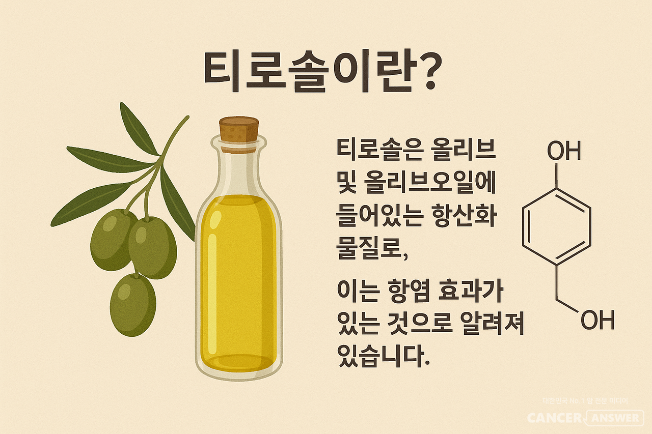 티로솔은 올리브유에 포함된 대표적인 페놀성 알코올이며 하이드록시티로솔(Hydroxytyrosol)과 함께 EVOO의 주요 생리활성 성분 중 하나다. 방향족 고리에 하이드록시기가 결합된 구조를 가지며, 강력한 항산화 작용과 세포 보호 능력을 지닌 것이 특징이다.