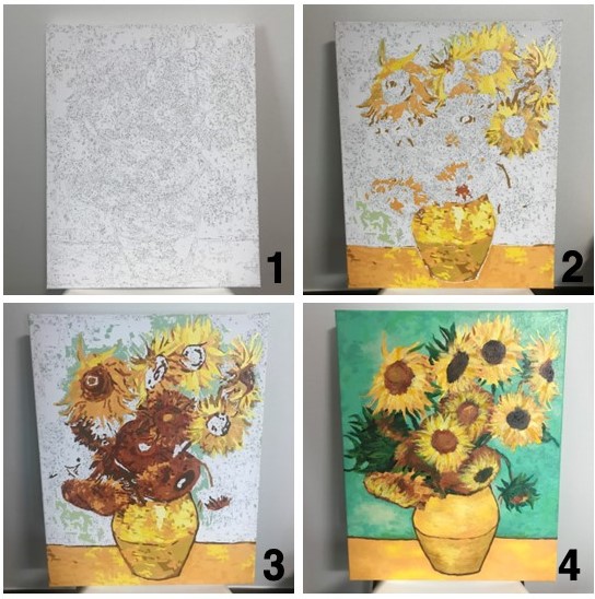 스케치가 그려진 캔버스에 번호를 맞춰 물감을 색칠하면 그림을 못 그려도 멋진 작품이 완성되는 페인팅을 했다. 고흐의 해바라기 밑그림(1번)에 구역별로 색칠을 해서 4번 그림을 완성했다.