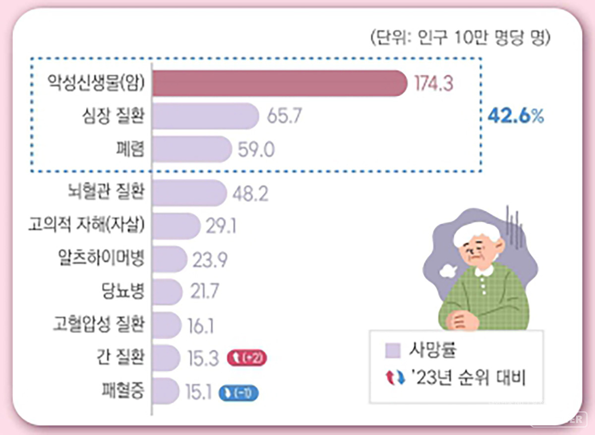 통계청이 25일 공개한 2024년 사망원인통계에 따르면 우리나라 전체 사망원인 1위는 암이다. 전체 사망자의 24.8%가 암으로 사망했다./통계청 자료